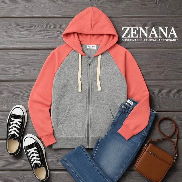 πZenana Colorblock Coral Grey Zip Hoodie XS Women or Girls 14/16 Comfy Fit - Picture 1 of 10